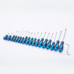 A set of sixteen blue and black screwdrivers of various sizes arranged in a row, with an L-shaped tool on the far right, all on a white background.