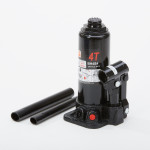 A black 4-ton hydraulic bottle jack with two detachable metal pump handles placed beside it, displayed on a white background.