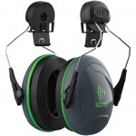 A pair of gray and black industrial earmuffs with green accents, featuring metal wires and black plastic attachments for mounting on a safety helmet. The brand JSP Sonis is visible on the ear cups.