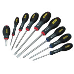 A set of 9 Stanley screwdrivers with colour-coded handles covering a range of flathead and Phillips sizes.,