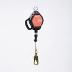 A black and orange retractable fall arrester with a metal hook at the bottom and a handle at the side, suspended against a plain white background.