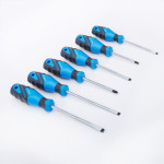 A set of six blue and black screwdrivers with varying tip sizes and types, arranged in a diagonal line on a white background.