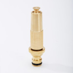 A brass garden hose nozzle with a ridged grip, adjustable tip, and a rubber O-ring at the base, standing upright on a white background.