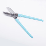 A pair of garden hedge shears with long light blue handles and metal blades, positioned on a white background.