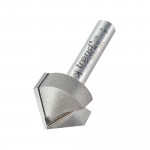 A metal V-groove router bit with a cylindrical shank and beveled cutting edges, designed for creating angled grooves in wood or other materials. The bit is engraved with the brand and specifications.