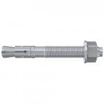 A metallic anchor bolt with a hex nut and washer, featuring a threaded shaft and an expansion sleeve at one end, displayed on a white background.