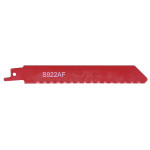 A red reciprocating saw blade labeled S922AF with fine teeth and a pointed tip, designed for cutting metal or other tough materials.