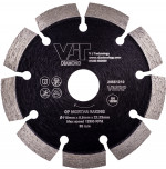 A circular diamond blade with eight segments and a black center labeled VJ Technology, designed for cutting mortar, displaying technical specifications and maximum speed information.