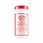 A white plastic container with a red lid labeled Professional Welding Wipes—High Performance, Impregnated Wipes for Electrofusion Jointing, 100 Large Wipes in red and black text.