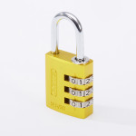A yellow combination padlock with three rotating dials, each displaying the numbers 0 to 3, and an open silver shackle.