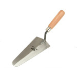 A gauging trowel with a rounded heel steel blade, used for measuring and mixing small batches of mortar or adhesive.