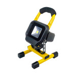 A portable LED work light with a yellow stand and black accents, featuring a padded handle and adjustable angle, isolated on a white background.