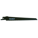 A black reciprocating saw blade with sharp teeth and the code S628DF printed on its side. The blade has a straight profile and a hole at one end for attaching to a saw.,