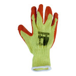 A pair of orange work gloves with a textured grip palm and adjustable wrist closure, designed for general site use.