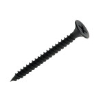 A single black drywall screw with a flat, countersunk Phillips head and sharp, threaded body, set against a white background.