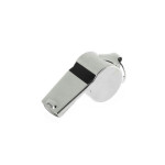 A shiny silver metal whistle with a black stripe, shown on a white background.