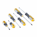 Five screwdrivers with black and yellow handles are arranged on a white background. There are both flathead and Phillips head screwdrivers of varying sizes.,