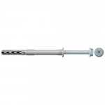 A gray plastic wall plug anchor is shown with a metal screw and a hexagonal head, laid out in a straight horizontal line on a white background.