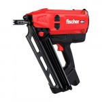 A red and black Fischer cordless nail gun with a visible trigger, handle, and magazine for holding nails, shown against a white background.