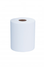 A single roll of plain white toilet paper standing upright on a white background.,