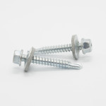Two silver hex head self-drilling screws with washers are placed on a white background, with one screw resting on top of the other.