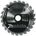 A circular saw blade labeled Makita Specialized for Cordless Saws with sharp teeth around the edge and icons indicating cutting applications on the metal surface.,