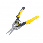 A pair of yellow and black metal cutting snips with a curved blade, labeled FatMax and Stanley, shown isolated on a white background.