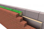 A cross-section illustration of a cavity wall, showing an outer layer of red bricks, an inner layer of gray concrete blocks, insulation in the middle, and a green damp-proof course barrier.