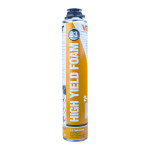 A tall, cylindrical canister labeled HIGH YIELD FOAM B3 with an orange and white design, black cap, and safety icons, used for dispensing expanding foam sealant.