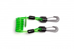 A coiled green plastic lanyard with black connectors and two black clip hooks on each end, displayed on a white background.
