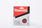 A red and black Makita box for 125 mm sanding discs, with the Makita logo, product images, and icons indicating compatibility and usage for wood, showing part of a sanding disc through a cut-out.