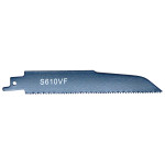 A blue reciprocating saw blade with the code S610VF printed on it; the blade has sharp, jagged teeth along one edge and a notched attachment end.