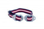 A tourniquet with a blue, white, and red striped elastic band and gray plastic fasteners, isolated on a white background.