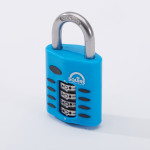 A blue combination padlock with a stainless steel shackle and four rotating number dials, branded Squire on the front.