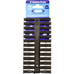 A pack of 48 Rawlplug UNO wall plugs displayed in a black plastic holder, with purple and black plugs visible under blue and white packaging. Suitable for use with curtain rails, shelves, cabinets, and towel rails.