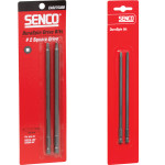 Two red packages of Senco DuraSpin drive bits are shown, each containing two long metal bits. The packaging displays the Senco logo and product information in white text.