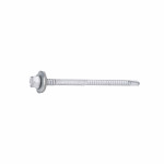 A silver hex head self-drilling screw with a washer, shown horizontally on a white background.
