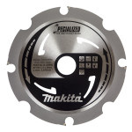 Circular saw blade with six teeth, labeled Makita and Specialized for Fiber Cement Board, featuring various specifications and safety icons around the center. The blade has a metallic finish with black and silver details.