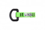 A bright green woven strap with a black metal D-ring on one end and a white tag labeled NLG and MAX LOAD 3.0kg stitched onto the strap.,