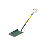 A green square-blade shovel with a yellow and green handle and a D-shaped grip featuring a wooden insert, isolated on a white background.