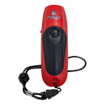 A red and black handheld Fox 40 electronic whistle with a black wrist lanyard attached at the bottom, photographed against a white background.