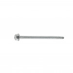 A single silver hex head self-tapping screw with a threaded shaft and pointed tip, isolated on a white background.