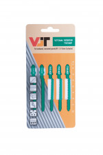 A pack of five green VJT jigsaw blades in clear packaging, labeled for use on hardwood, laminated panels, HPL, and plywood. The package displays brand details, product code, and blade icons.