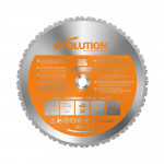 A circular saw blade with an orange label in the center, branded Evolution. The label lists features, such as TCT, and indicates the blade is suitable for steel, aluminum, wood, and plastic.