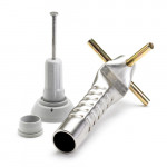 A silver metal anchoring tool with a textured grip is shown alongside a gray wall anchor, a screw, a plastic cap, and a cross-shaped installation tool on a white background.