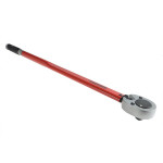 A chrome vanadium steel torque wrench with a ratcheting drive head and an adjustable torque-setting scale, for tightening fasteners to a precise specification.