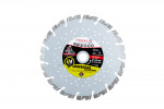 A circular industrial saw blade with a segmented edge and central label showing the brand “Dronco,” specifications, and “Universal” for use with multiple materials.