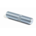 A metal double-ended threaded stud with a knurled center section, lying on a white background. Both ends have screw threads, and the middle features a textured grip area.