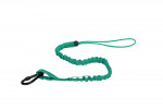 A green bungee-style lanyard with a loop handle on one end and a black metal clip on the other, displayed on a white background.