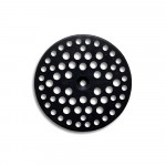A round, black metal plate with multiple evenly spaced circular holes arranged in concentric circles, placed on a white background.